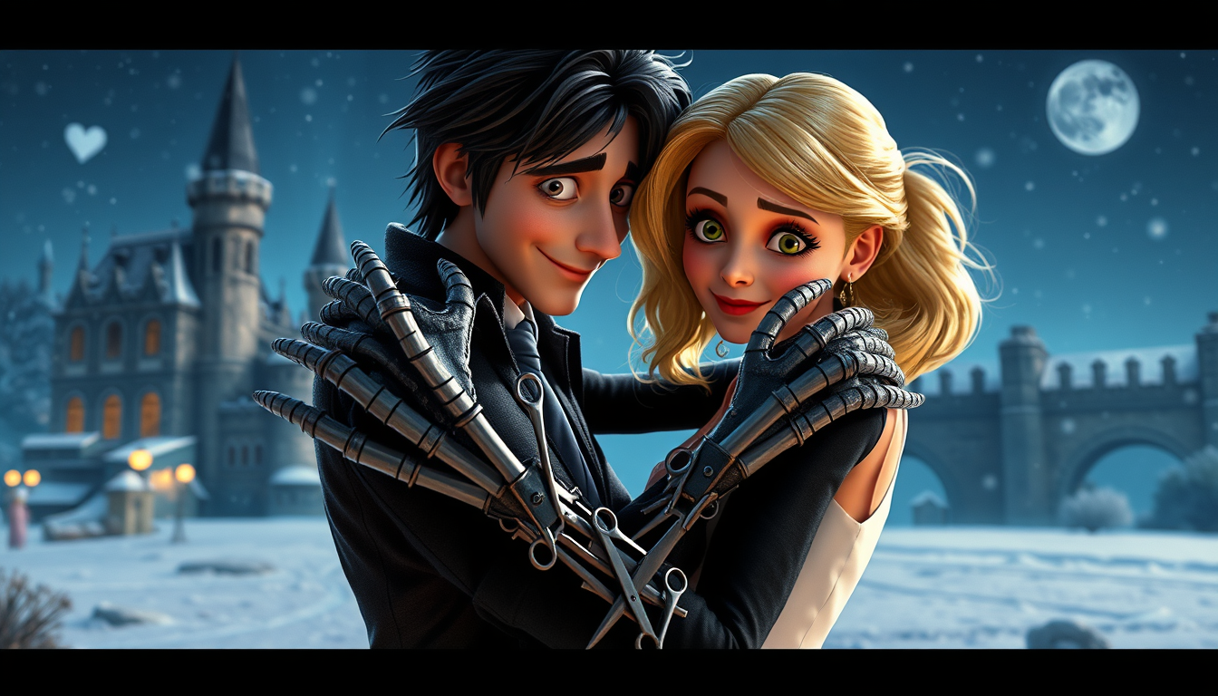 A romantic Valentine's Day poster, a classic scene in Tim Burton's film Edward Scissorhands, close-up, half body, the hero Edward Scissorhands can finally embrace his lover, Edward Scissorhands' hands fingers are made up of scissors, Edward Scissorhands' lover has blond hair and is wearing a white dress, snowy night, in the distance is a Gothic style European castle, Romance is tinged with a somewhat sad atmosphere, cross-eyed eyes, smiling faces, super rich details, best picture quality, masterpieces, Pixar style, OC rendering.