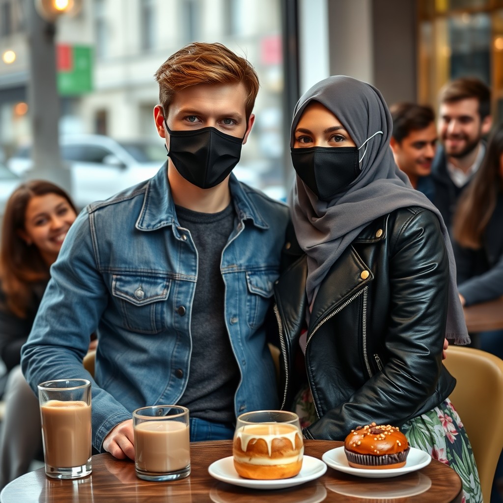 Jamie Dornan's head and body shot, handsome, young, black face mask, blue jeans jacket, jeans, dating a lovely Muslim girl in a grey hijab with beautiful eyes, black face mask, black leather jacket, wearing the biggest floral skirt, at a cafe, with 2 cups of latte, muffin cake, and chocolate donut on a table, with another 3 friends smiling in the background, photorealistic, hyper-realistic, street photography, selfie.