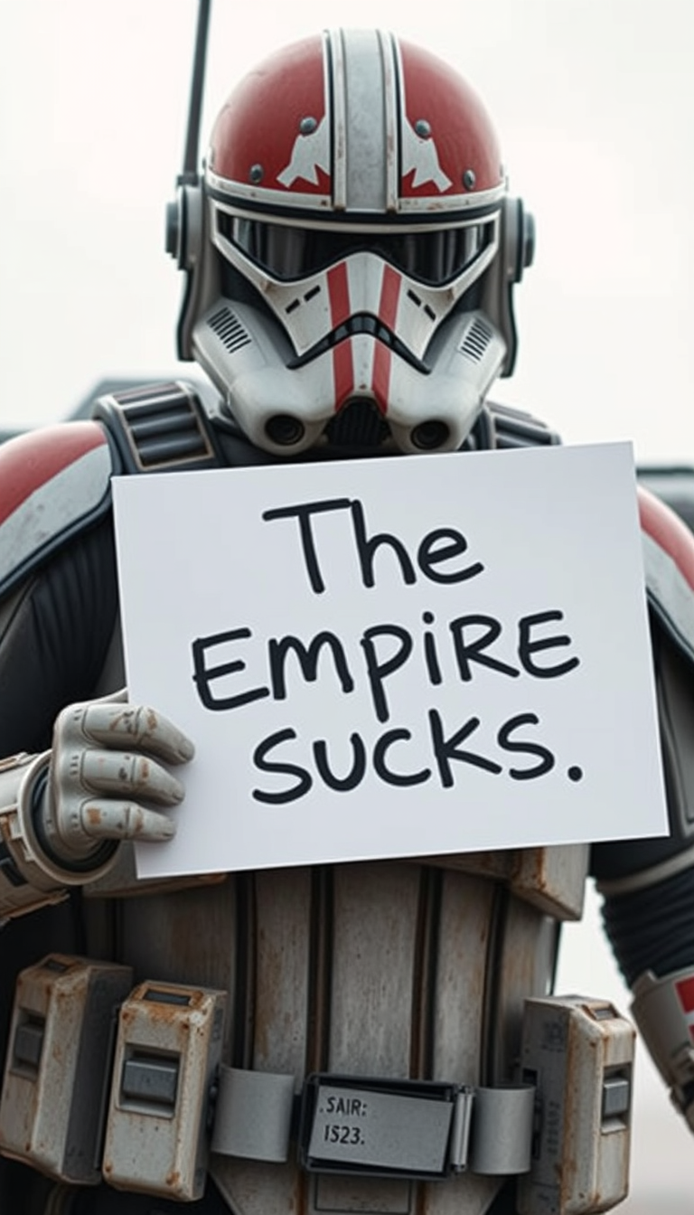 Closeup view of a Star Wars X-Wing pilot holding a sign saying "The Empire Sucks".