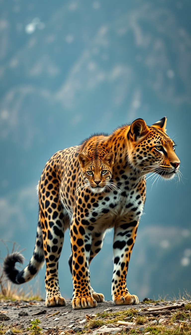 (Ultra realistic) a rare animal that has a wildcat's head, leopard body pattern, and 5 lion's tails, with a China mountain background.