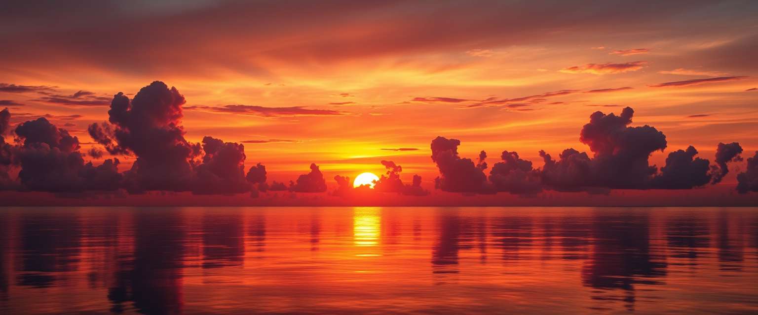 fiery sunset, clouds, high quality, photorealistic, evening sky, reflection, serene, seashells,