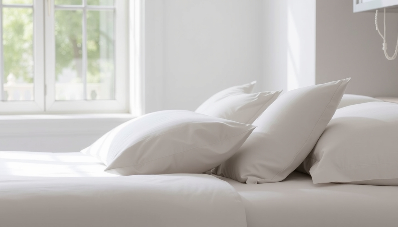 A bed with white sheets and pillows in front of a window. - Image