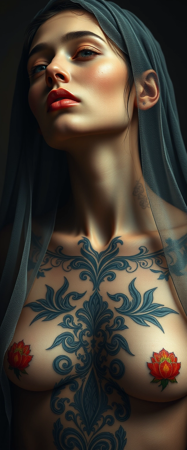 Arafed woman with a tattoo on her chest and chest. A symphony of pixels in hyperrealistic harmony, intricate and softly lit, an 8K revelation trending on ArtStation, brought to you by Leonardo Da Vinci.