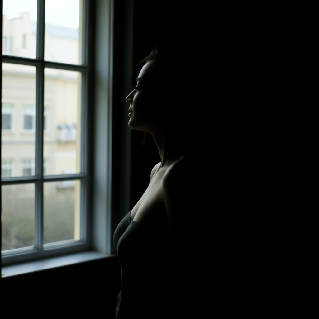 Real, live, full body image, woman, in a dark room, a window behind her, ultra minimalist. - Image