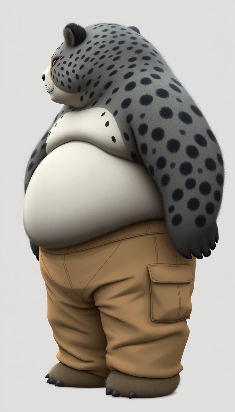 quarter view, anthropomorphic obese gray bear leopard hybrid, blended features. gray and black fur with tan and white fur markings. he has a heavyset body. wide fat bottom. fat wide double chins. tan obese big fat baggy cargo pants. full body. uncropped. fluffy fur. digital art, semi-realistic. - Image