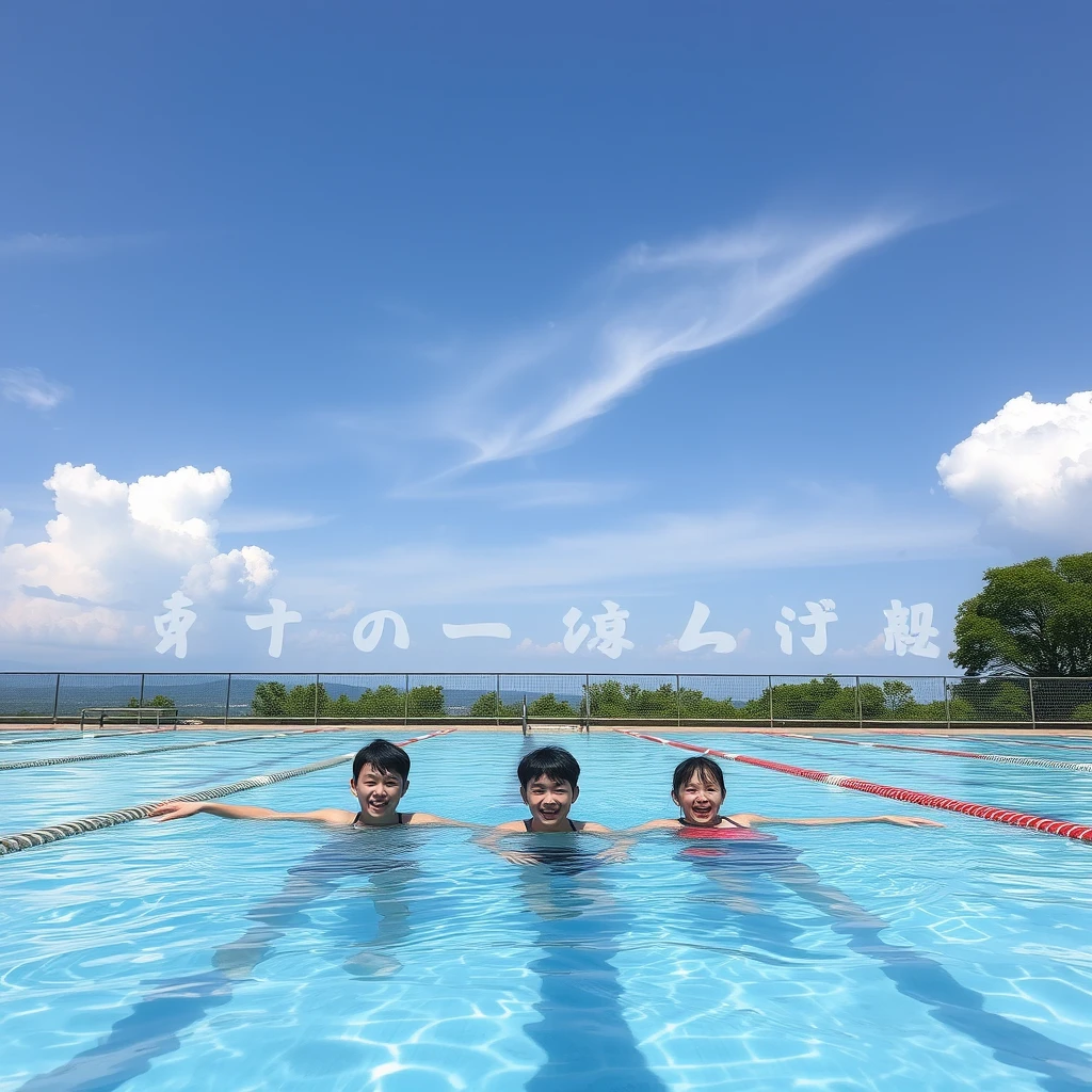 "The swimming pool is in the sky, with three young people swimming in the pool, in the background. There are Chinese characters or Japanese."