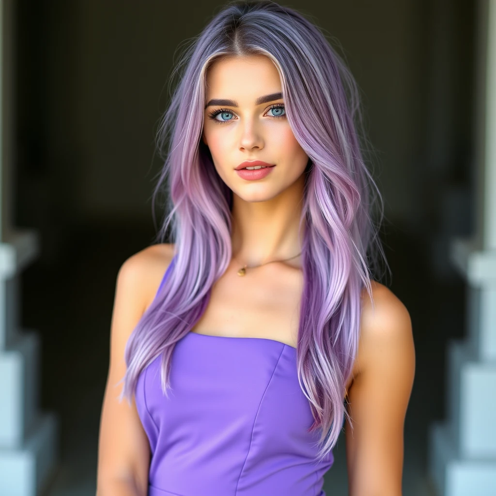 Teenage woman with a model appearance, violet hair, in a violet dress, and dark blue eyes, professional photo, full length body.