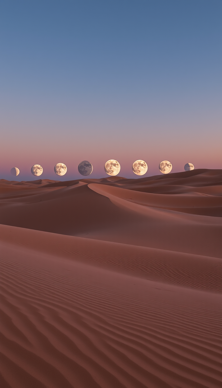 a desert sand dunes with 8 moons in new moon, waxing crescent, first quarter, waxing gibbous, full moon, waning gibbous, third quarter and waning crescent.