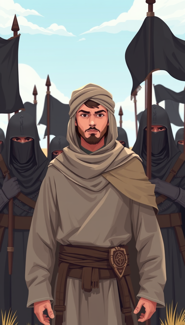 Flat digital vector of a young Muslim commander wearing modest biblical cloak-turban clothes standing behind the great Muslim warriors with a leader expression. The medieval Muslim warriors are wearing veils and holding black banners, guarding him in open land.