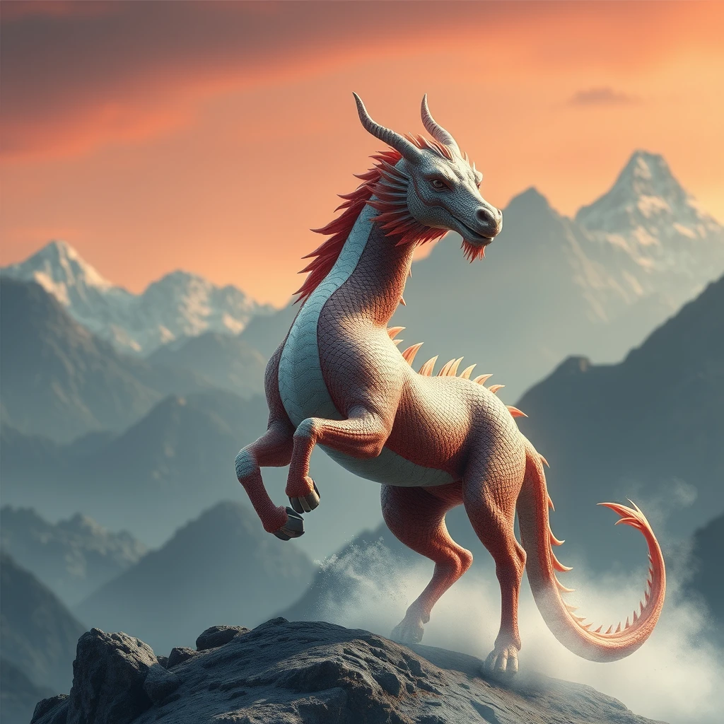 (((ultra realistic))) an oriental dragon combined with a horse body, China mountain background.