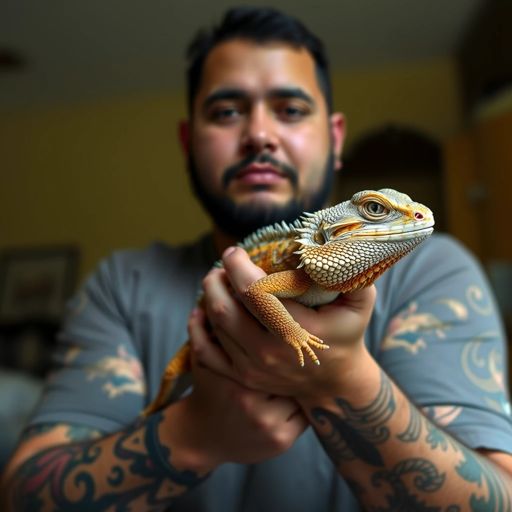 A bearded dragon being held by his owner, a 30-year-old Mexican male with tattoos on his arms. - Image