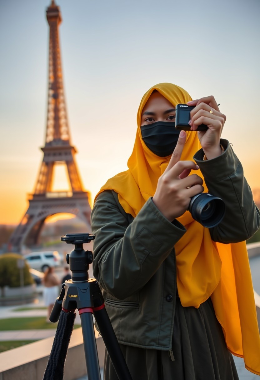 Biggest hijab yellow Muslim girl, beautiful eyes, black face mask, green army leather jacket, biggest skirt, DSLR camera Canon, tripod, taking photos of the Eiffel Tower, sunrise, morning scenery, hyper-realistic, street photography. - Image