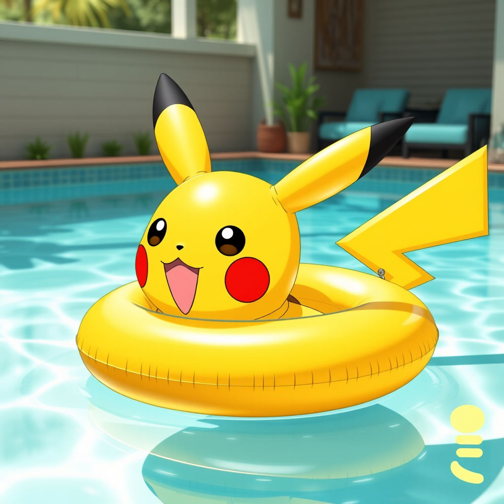 Pokemon anime style, Pikachu swimming in home pool on inflatable float.