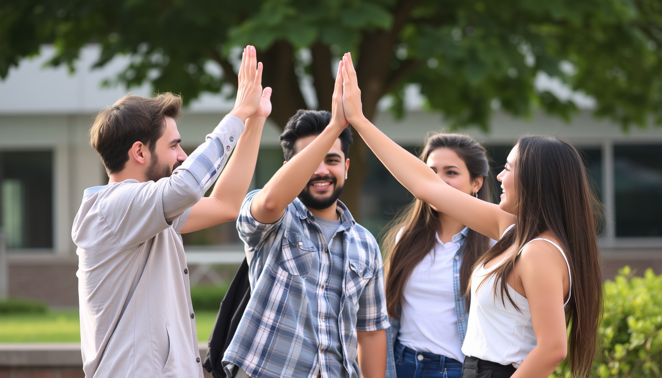 A group of friends high-fiving each other. - Image