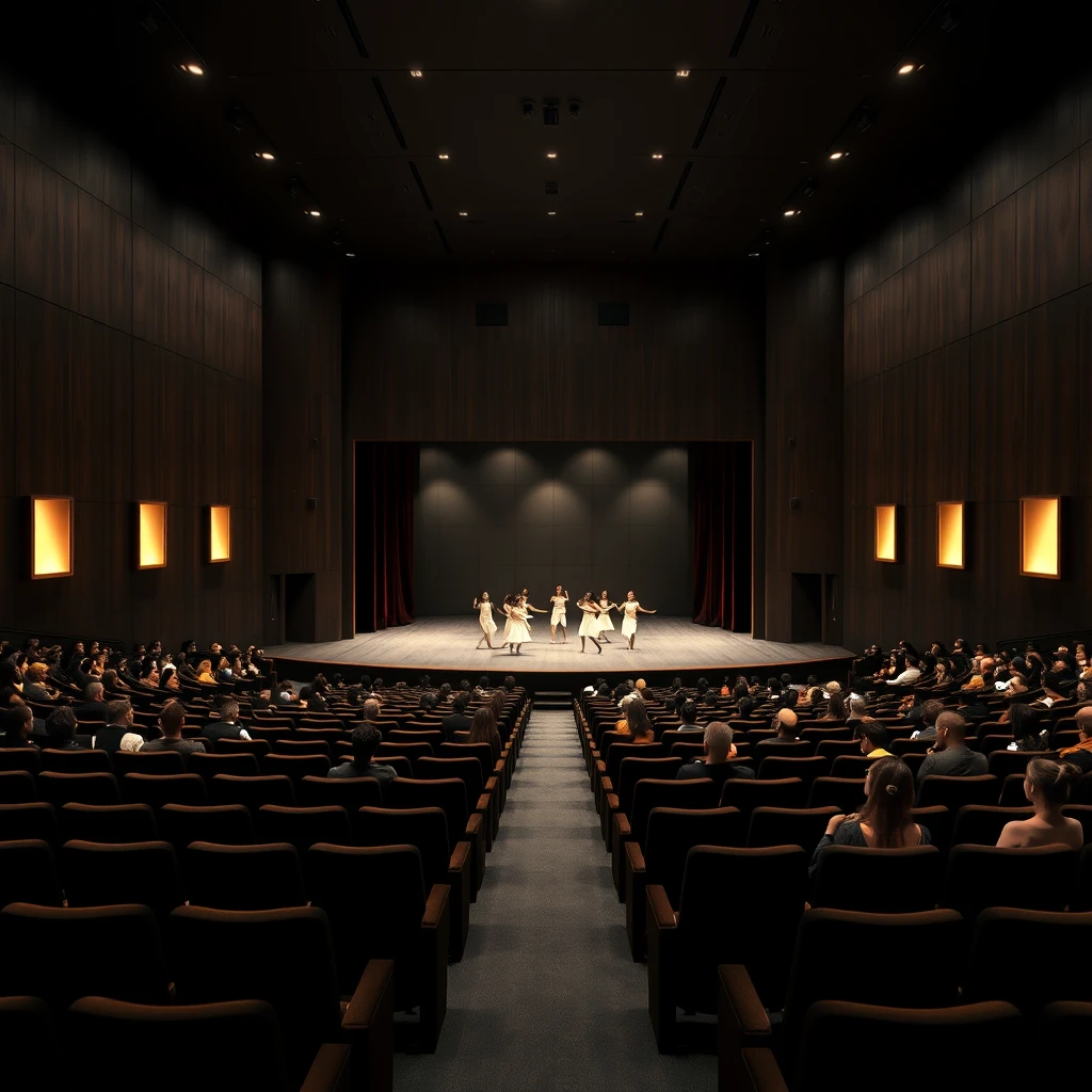 Internal view, photorealistic, of a theater hall 22.75 meters long and 10.10 meters wide, 7.10 meters high, with rows of dark velvet seats, for at least 150 seats, in 35% of the seats there is an audience, seen from behind. At the back of the hall is the stage, 1.20 meters high from the floor, the walls are smooth, covered with dark wood, at 3 meters high there are some lighter wood squares with a bright glow inside, on the stage some dancers are dancing a modern dance, the dancers are in white clothes. The hall is in semi-darkness, only spotlights illuminate the stage. - Image