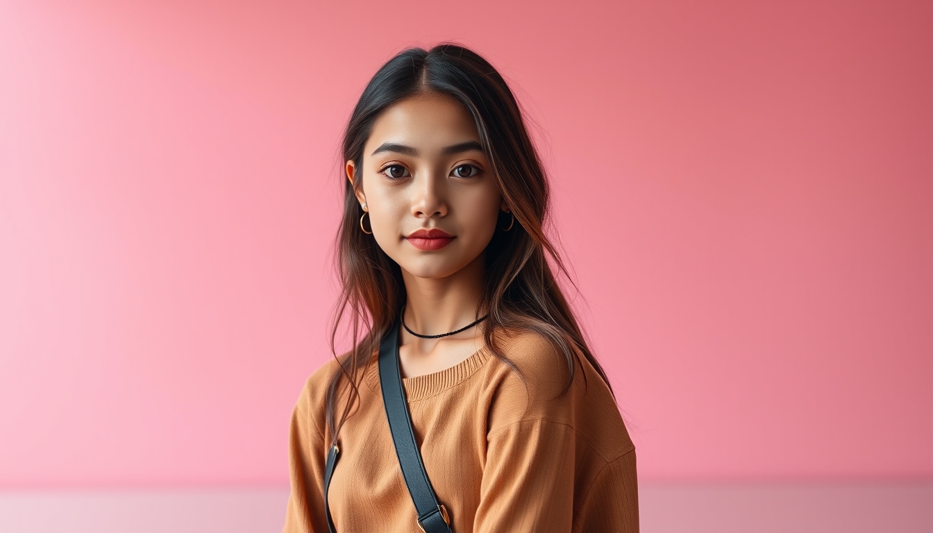 Photo portrait of a pretty girl with a beautiful look, in an empty space, wearing a trendy brown outfit, isolated on a colored background, 8k UHD, high detail.