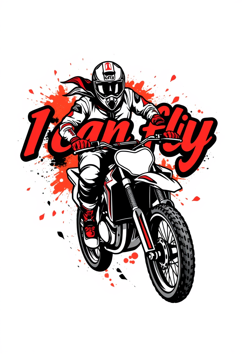 The professional design of a motocross-themed T-shirt in the style of street graffiti, featuring a motorcycle racer riding a motorcycle in full gear, is skillfully combined with the text "I can fly." Vector design isolated on a white background.