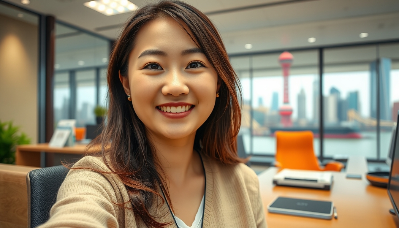 An Asian girl is sitting in an office for a selfie; the main style features warm colors, and the details of the picture should also be complete. In the background of the office is the Bund in Shanghai. - Image