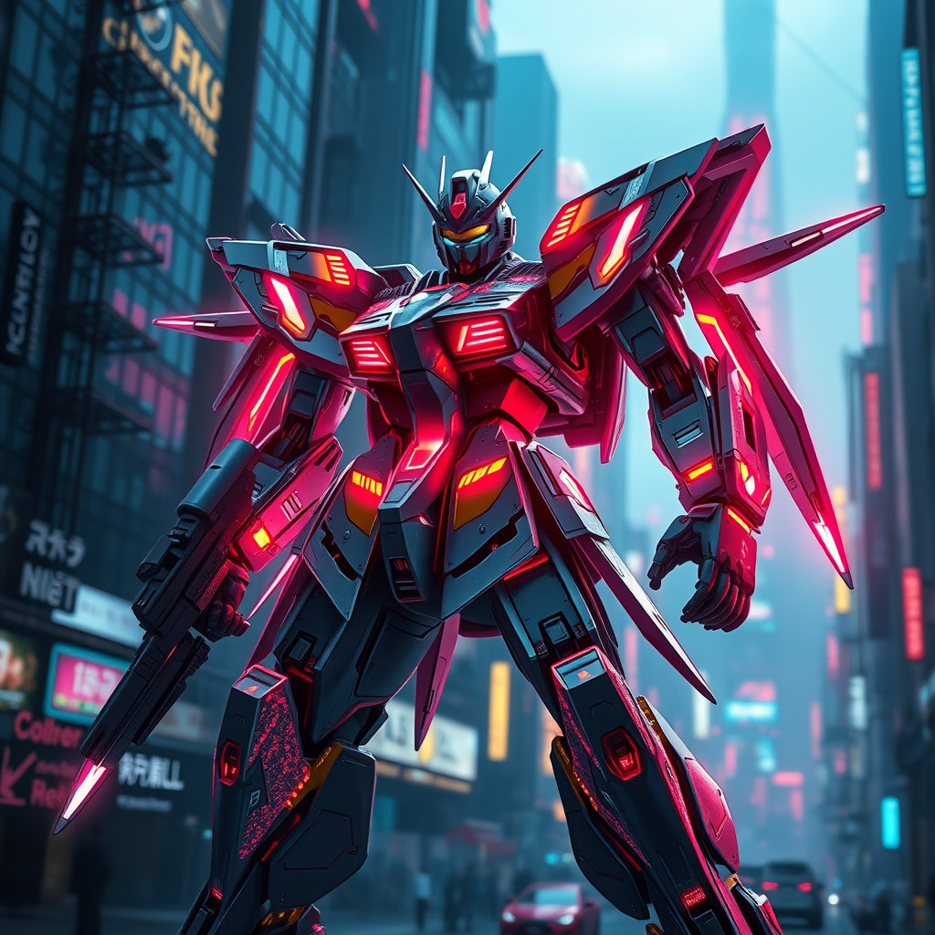 Cyberpunk Gundam, neon-lit cityscape, futuristic mecha design, sleek metallic armor, glowing circuit patterns, dynamic pose, high-tech weaponry, urban dystopia background, hyper-realistic detail, vibrant color palette, cinematic lighting --ar 16:9 --v 6.0 - Image