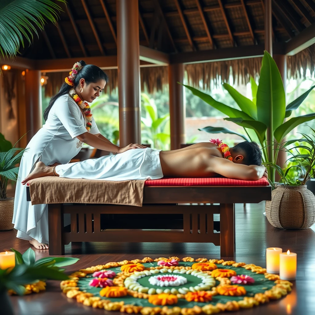 Create an image of a serene Kerala spa scene during Onam. A Kerala lady in a simple spa uniform, adorned with a small floral garland, gently massages a Kerala man lying on a wooden table, with his face turned away. The man wears a white dhoti. The setting is enriched with Onam elements, such as a pookalam (floral design) on the floor, banana leaves, coconut trees, and soft candlelight. Traditional Kerala architecture with wooden pillars and a thatched roof forms the backdrop, while the warm and soft lighting enhances the festive, peaceful, and authentic atmosphere. - Image