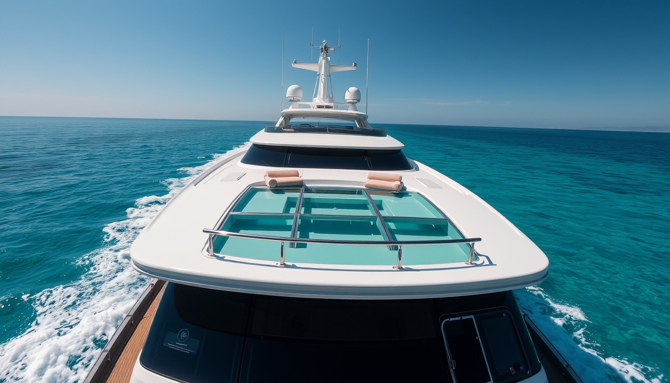 A luxurious yacht with a glass deck, cruising through crystal-clear waters.