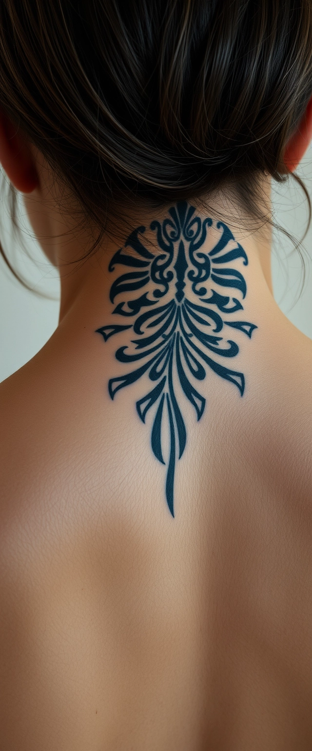 Close-up view of a tattooed back neck of a muscular Indian-Korean woman with white skin. - Image