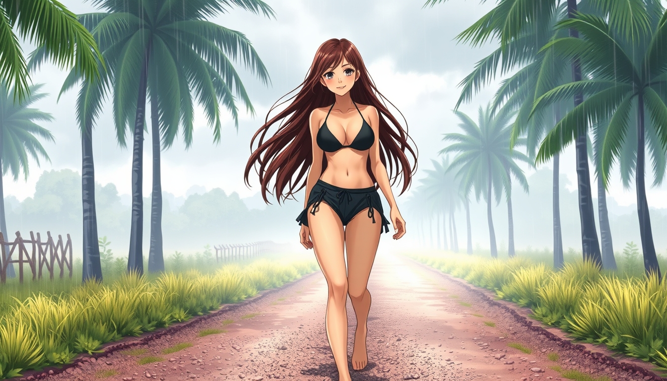 Anime background, A beautiful Caucasian brunette girl with long hair wearing a black bikini walking on a gravel rainy country road, palm trees, barefoot, smiling, model body type. - Image