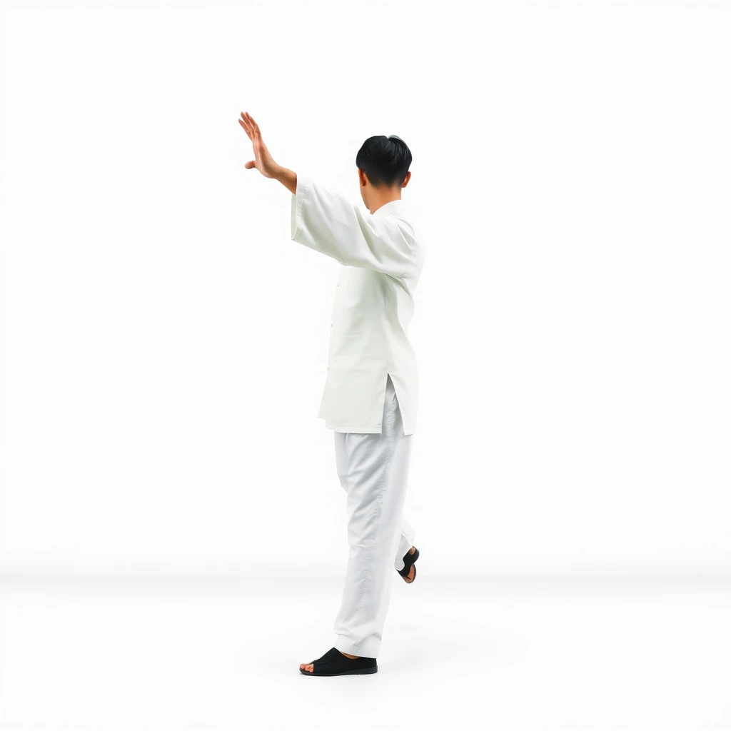 Photo of a college male performing Tai Chi in the White Crane Spreads Its Wings posture. He stands in a balanced and poised stance with his left hand extended upward, fingers pointing to the sky, and palm facing outward. His right hand is extended downward, fingers pointing to the ground, and palm facing inward. His body is slightly turned to the right, with his weight shifted to his back leg, emphasizing the grace and fluidity of the movement. The background is serene and minimalistic, highlighting the intricate hand movements and overall posture of Tai Chi. - Image