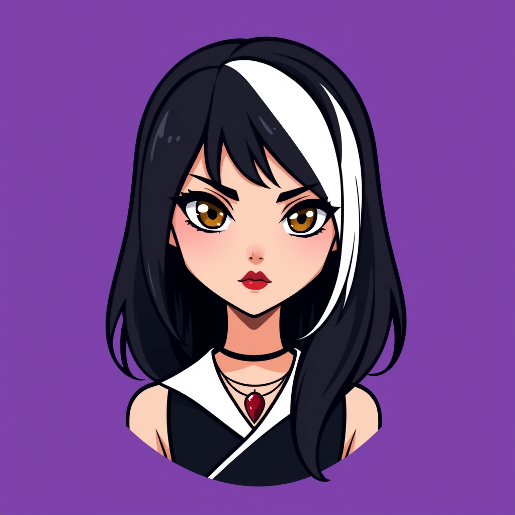 A basic simple vector logo of a beautiful female character with hazel brown eyes, long, dark black hair with white front strands, wearing a black and white outfit with a red pendant necklace, and serious face with red lipstick, on a purple background.