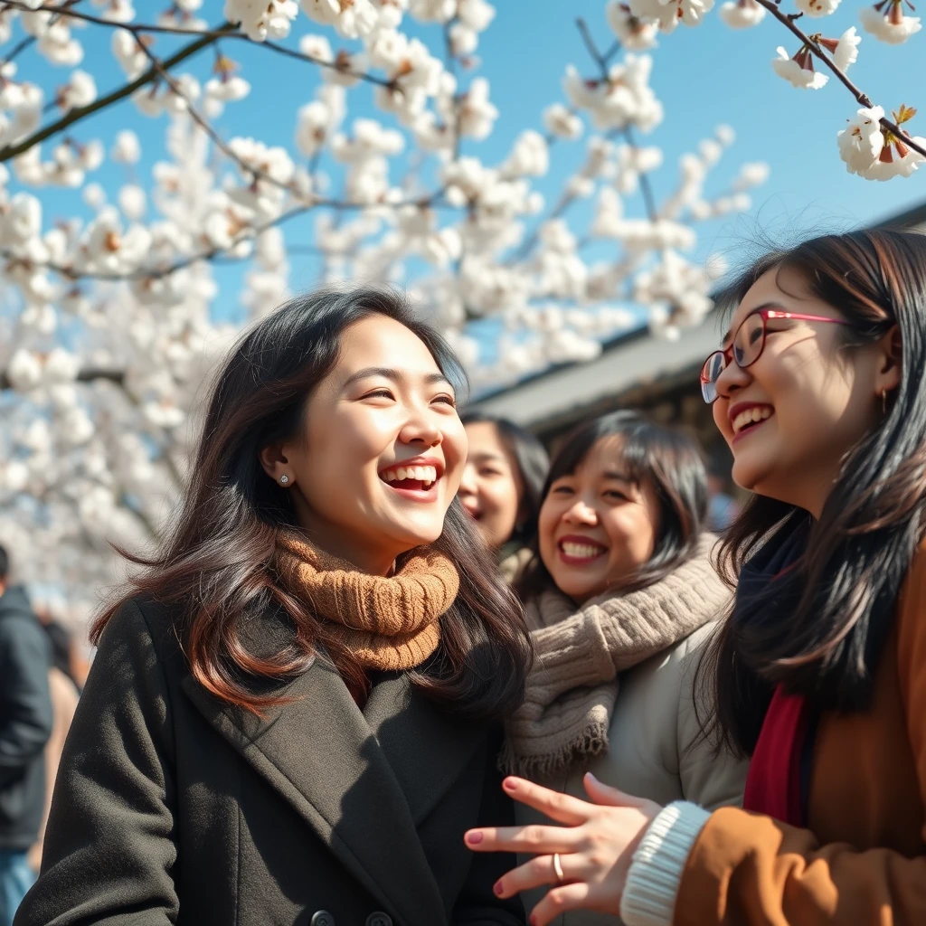 Joyful moments of a Korean woman laughing with friends under cherry blossoms at a Korean spring festival. - Image