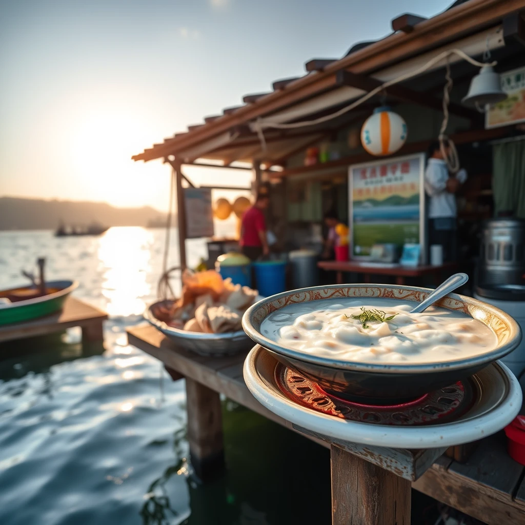 Once you arrive, why not indulge in a traditional breakfast at one of the island's quaint eateries, where the freshness of the seafood and the warmth of the porridge will invigorate your senses. Cheung Chau Island, morning sunlight, pristine dock, ocean, high-definition, Sony photography, realistic style.