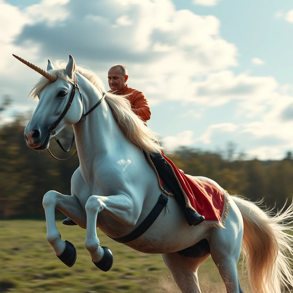 Putin rides a unicorn, photography, dynamic shot