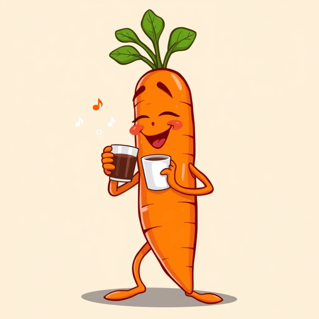 The carrot character is dancing while swaying to the side. He blinks his eyes while taking a sip of coffee in both hands and sings when his mouth smiles. - Image