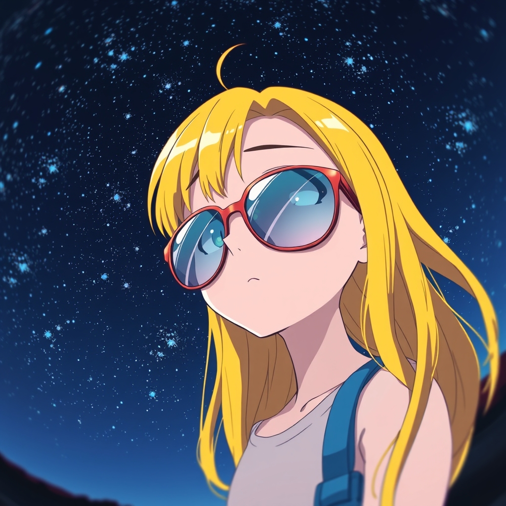 A beautiful anime scene depicting a teenage girl with yellow hair and big sunglasses reflecting stars as she looks into the starry night. Fish-eye lens perspective. - Image