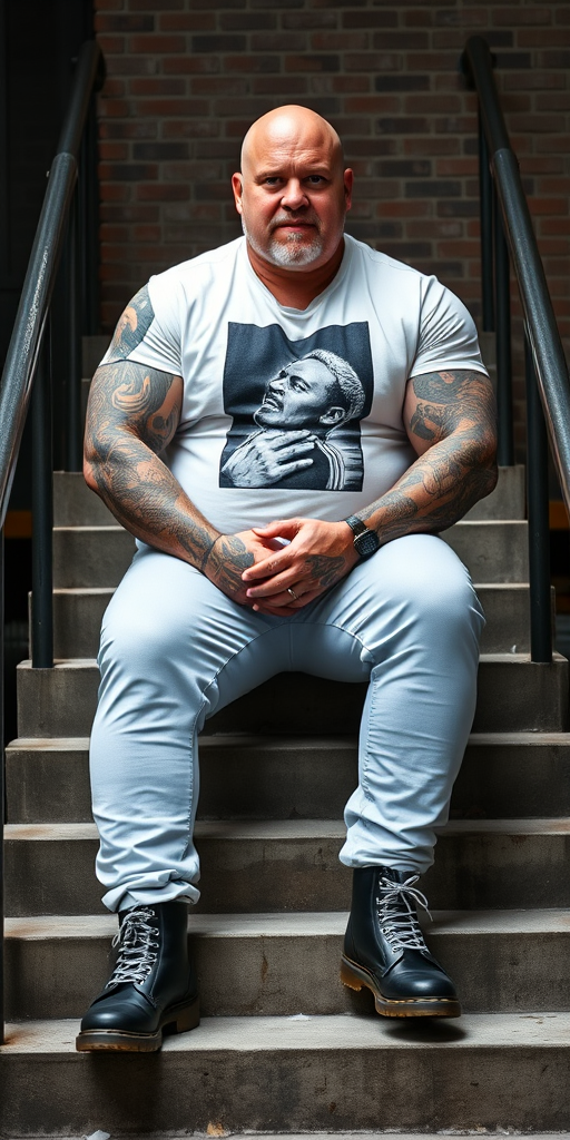 Prompt: a portrait-style photograph featuring an extremely huge 50-year-old muscular, beefy, handsome male skinhead sitting on a set of concrete stairs. He has a bald head, light skin, and is wearing a white t-shirt with a black and white graphic print of a person on it. His enormous muscular arms are heavily tattooed with intricate designs. He is also wearing tight bleached denim trousers that highlight his huge, muscular legs and black knee-high Dr. Martens boots with white laces. The background consists of a brick wall and metal handrails on either side of the stairs. The overall setting appears to be industrial.