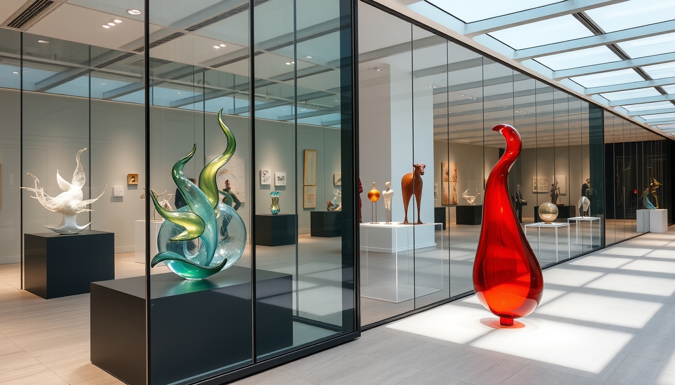 A modern art gallery with glass walls, showcasing contemporary glass sculptures.