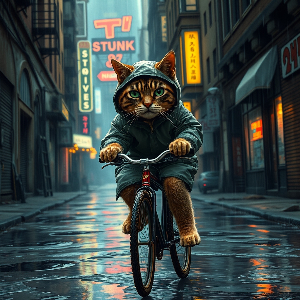 A gritty, rain-soaked cat, bundled in a raincoat, pedals determinedly down a dilapidated alleyway in a run-down cityscape. The cat's disgruntled expression adds a touch of melancholy to the scene, as the city's neon lights flicker in the rain. The alleyway is lined with crumbling buildings and puddles, creating a sense of urban decay and grit. The cat's bicycle, though worn, is a beacon of hope and resilience in the midst of the storm.