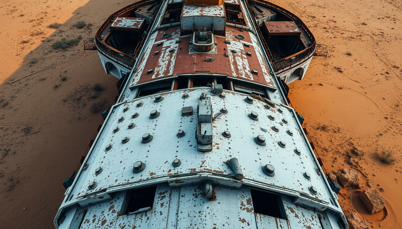 From a high altitude looking straight down, the Titanic, broken into two pieces, leans in the desert, abandoned for over a hundred years, covered in rust and in a state of decay. - Image