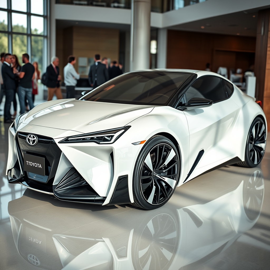 Ultra HD photo of a futuristic Toyota concept car, focusing on a resale view. The car has a sleek, aerodynamic design with smooth, flowing lines and a low, aggressive stance. It features a bold front grille with the Toyota logo, distinctive LED headlights, and large, stylish black alloy wheels. The body is painted in a glossy white color with black accents. The car is positioned in a modern indoor showroom with polished floors, large windows, and contemporary decor. There are people in the background admiring the vehicle, adding to the luxurious ambiance. The scene is well-lit, highlighting the vehicle's glossy. - Image