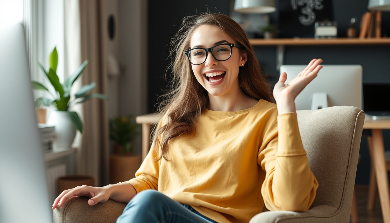 Photo of a lovely, excited, happy woman software developer sitting in an armchair in a comfortable workspace indoors.