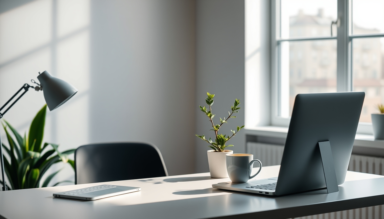 A sleek, modern home office setup bathed in natural light, with a single potted plant and a cup of coffee on the desk, emphasizing simplicity and productivity.