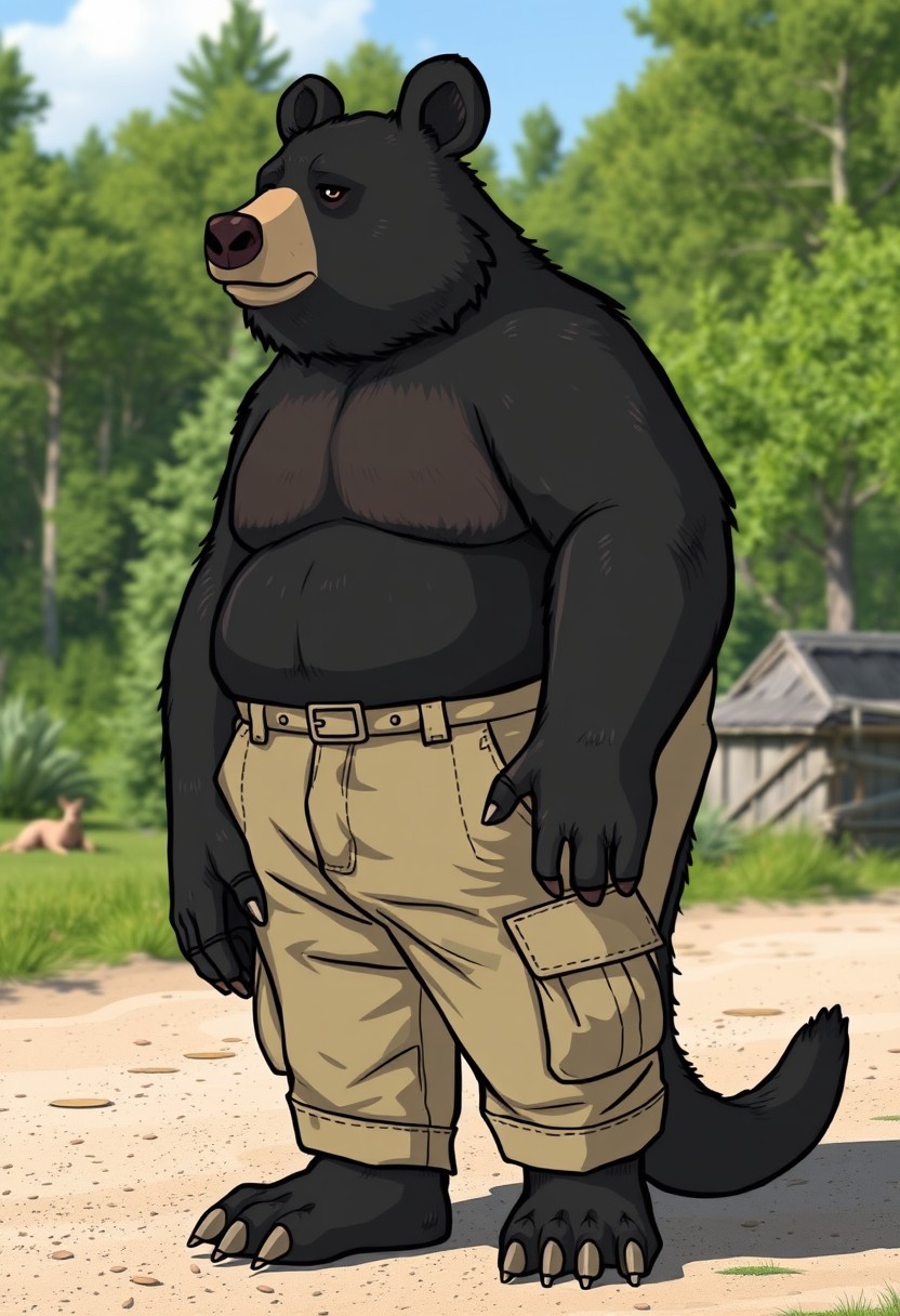 Thick anthropomorphic black bear kangaroo hybrid wearing cargo pants in the summer. Extremely overweight, semi-cartoon.