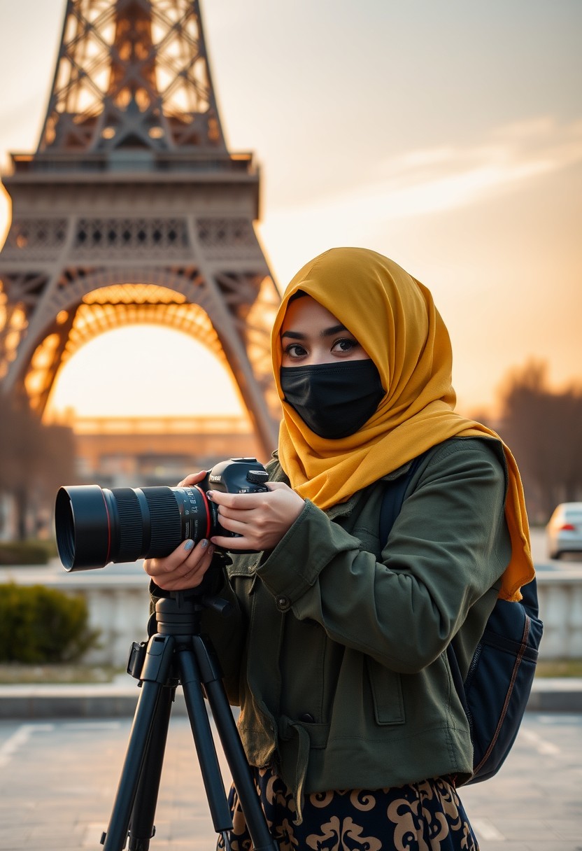 Biggest hijab yellow Muslim girl, beautiful eyes, face mask black, green army leather jacket pattern, biggest skirt, camera DSLR Canon, tripod, taking photos of Eiffel Tower, sunrise, morning scenery, hyper realistic, street photography.