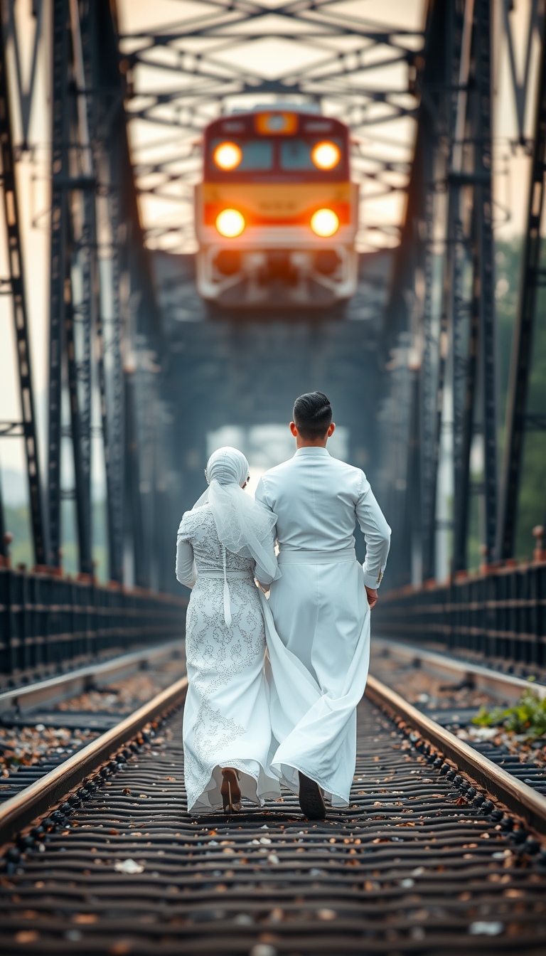 A captivating and surreal photograph of a couple adorned in traditional Malay white wedding attire. The bride dons a stunning "pengantin" outfit, while the groom stands tall and confident. They are seen racing towards a mysterious and ominous black metal bridge. The bridge symbolizes their passage into a new chapter of their lives together. The dramatic scene is further intensified by a bokeh background and the TRAIN IS COMING. This image masterfully blends love, adventure, and suspense, creating a unique fusion of emotions. TRAIN ON BACKGROUND, GOLDEN HOUR. - Image