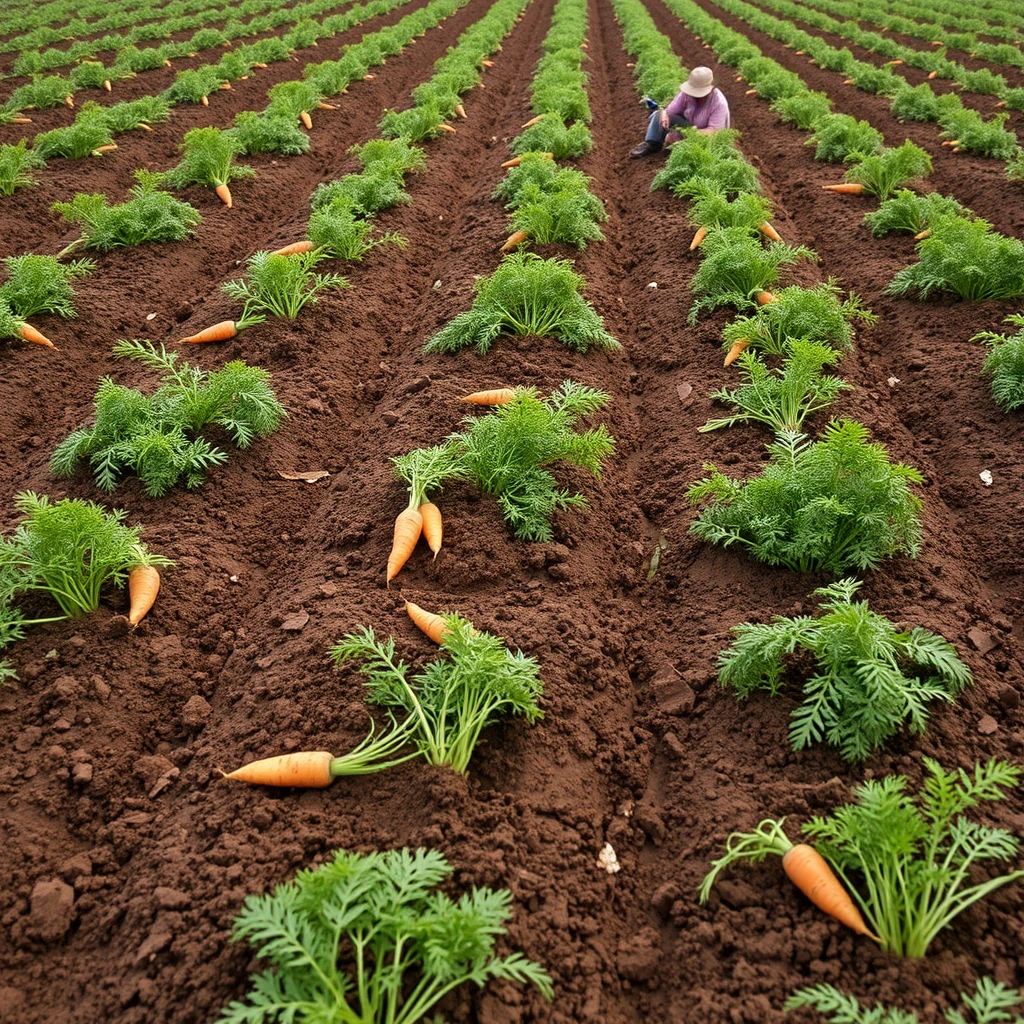 A field with carrots in the dirt and farmers sitting down to dig them up.