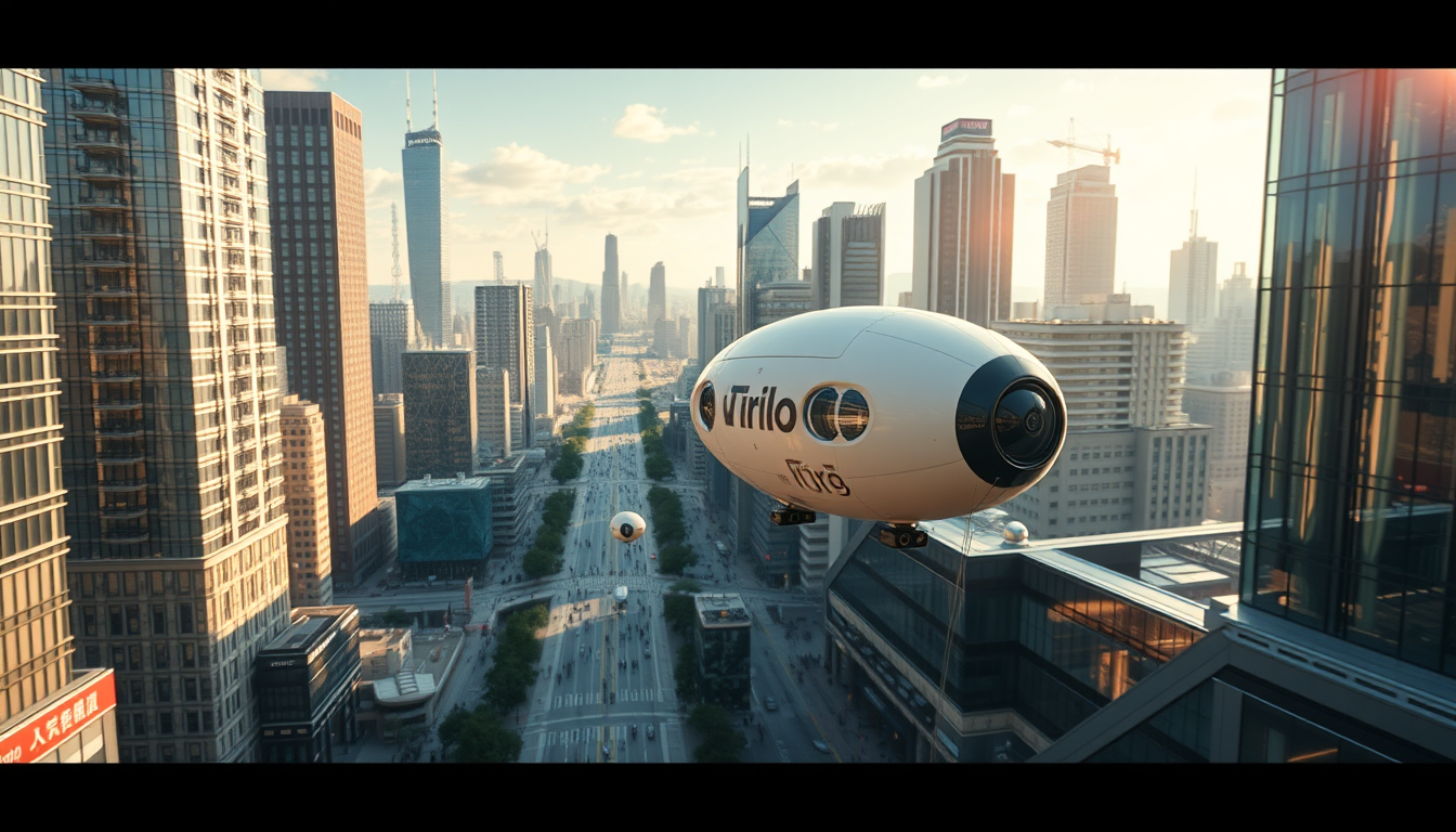 Create a high-resolution image of a breathtaking futuristic city. The skyline should be filled with towering skyscrapers. Include a light-colored elliptical balloon-type robot hurtling through the air with tiny black balancers on either side. The balloon-shaped robot has a bird's eye view of the city. The streets should be bustling with people, featuring Asian faces, and individuals wearing cutting-edge fashion. Focus on the small balloon-type robots performing their rounds in the sky, with beautiful sunlight reflecting on the glass surfaces of the buildings, creating an atmosphere of excitement and innovation. Very sharp and realistic details, 32K.