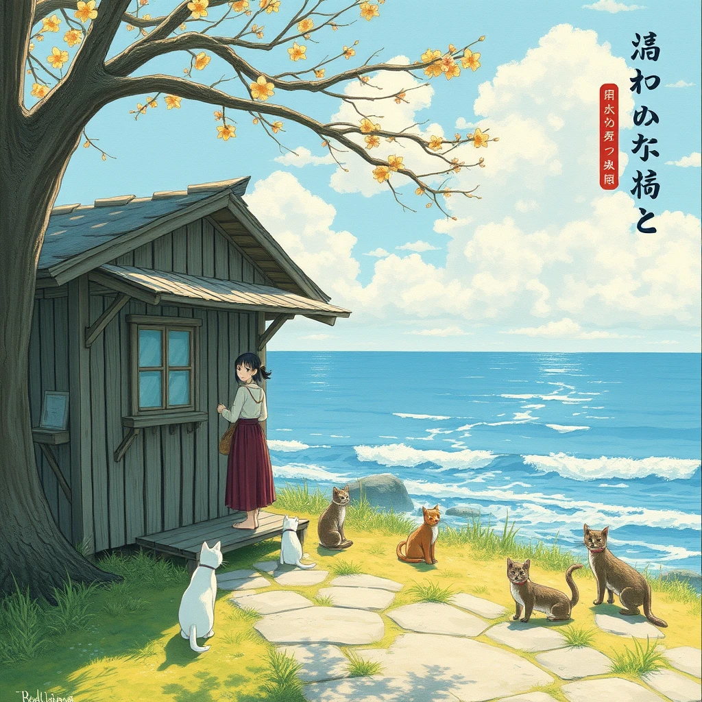 At the seaside, there is a wooden cabin, a young woman in a skirt, cats, and Chinese or Japanese characters.