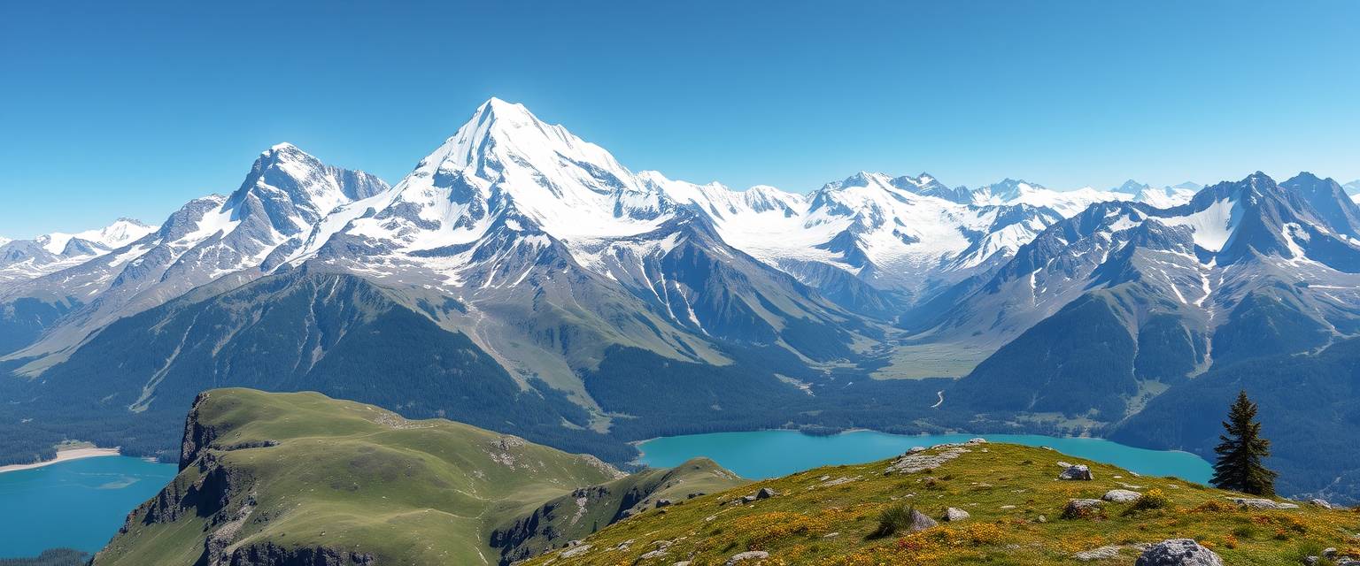 Majestic, snow-covered peaks, alpine meadows, serene, high quality, photorealistic, mountain range, crystal-clear lakes, untouched wilderness, panoramic, breathtaking, nature's beauty::0.8 mountaineering, hiking trails, wildflowers, mountaintop vistas, glaciers, fresh mountain air. - Image