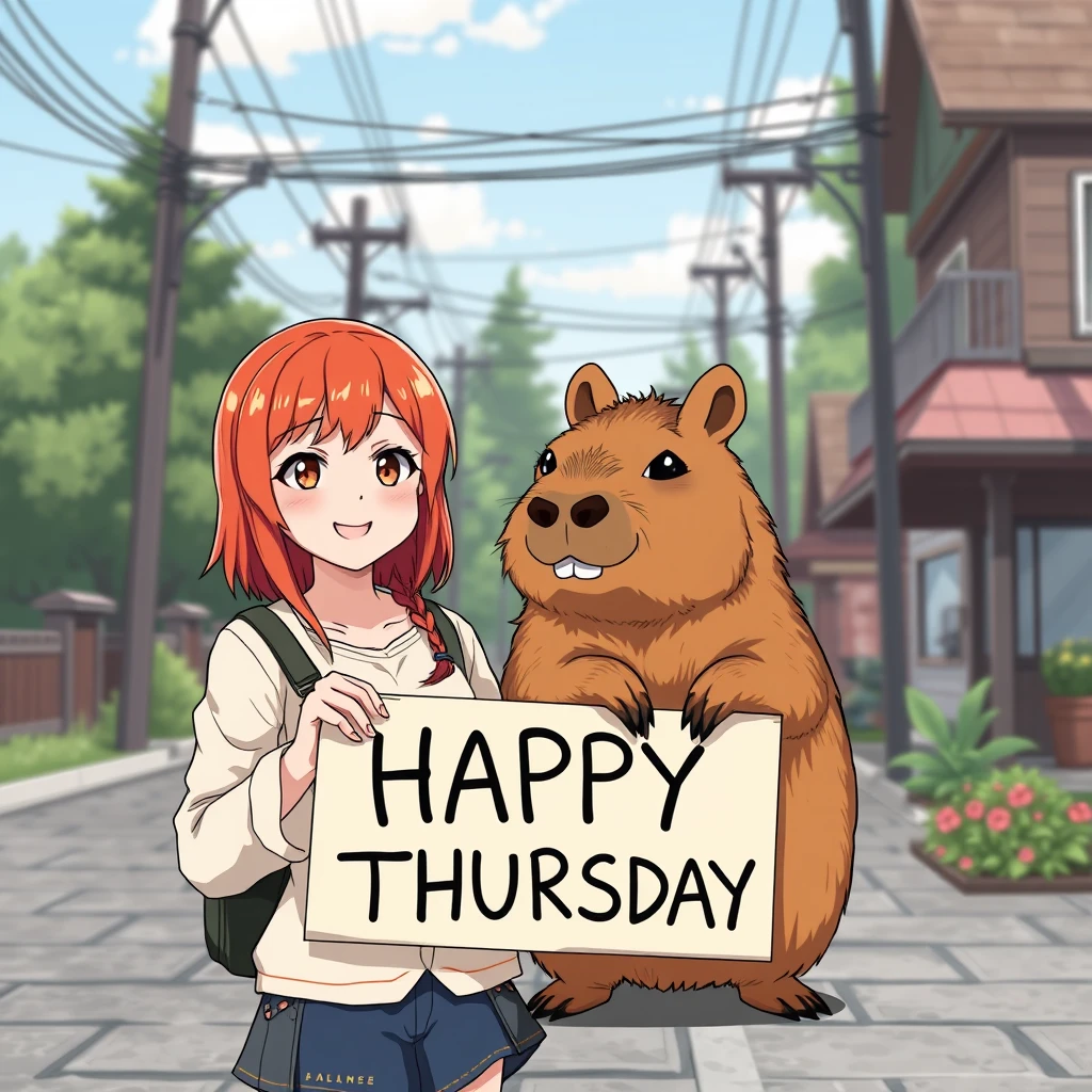 redhead girl with a capybara holding a sign that says "HAPPY THURSDAY" anime style