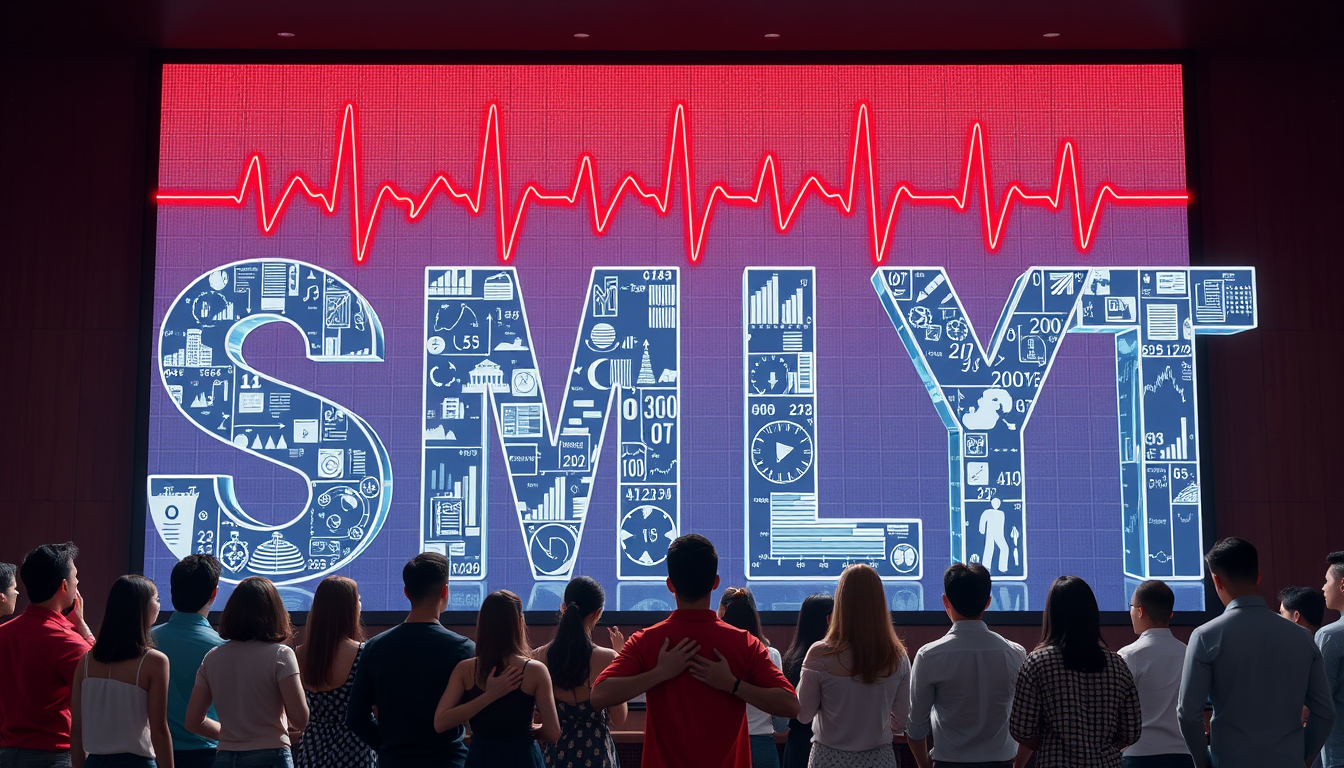 Infographic style: A diverse group stands with hands over their hearts, facing a screen showing an ECG line. The line transforms into a pulsing, red "SMLYT" in the air. The 3D letters are rendered as complex data visualizations, with each letter composed of animated graphs, charts, and flowing data streams. The data seems to represent various aspects of Vietnamese life and culture, constantly updating and evolving.